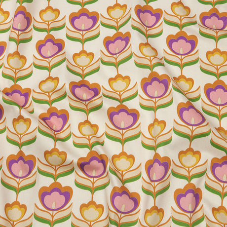 Stretch Cotton Sateen - Ivory, Pink and Yellow Floral - Tulip Twist Print - Mood Exclusive Groove Collection