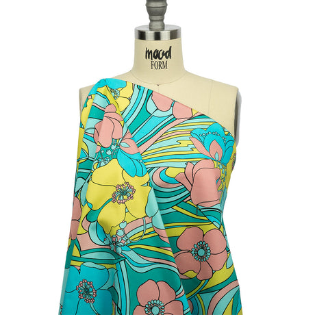 Stretch Cotton Sateen - Blue and Yellow Floral - Garden Groove Print - Mood Exclusive Groove Collection