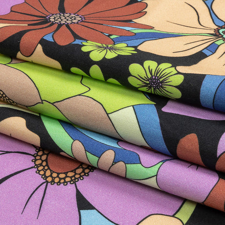 Stretch Cotton Sateen - Black, Beige and Purple Floral - Fanciful Flourish Print - Mood Exclusive Groove Collection