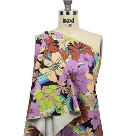 Stretch Cotton Sateen - Black, Beige and Purple Floral - Fanciful Flourish Print - Mood Exclusive Groove Collection