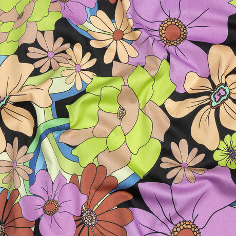 Stretch Cotton Sateen - Black, Beige and Purple Floral - Fanciful Flourish Print - Mood Exclusive Groove Collection