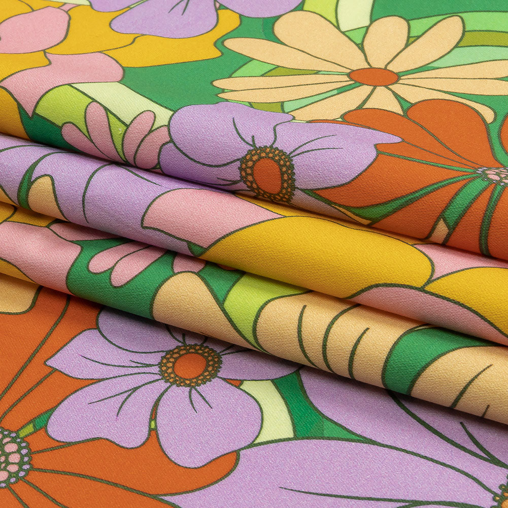 Stretch Cotton Sateen - Green, Purple and Orange Floral - Fanciful Flourish Print - Mood Exclusive Groove Collection