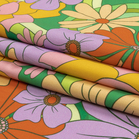 Stretch Cotton Sateen - Green, Purple and Orange Floral - Fanciful Flourish Print - Mood Exclusive Groove Collection