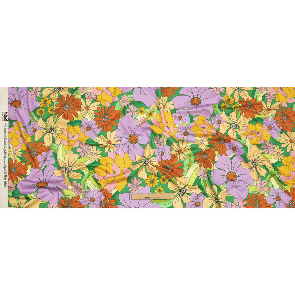 Stretch Cotton Sateen - Green, Purple and Orange Floral - Fanciful Flourish Print - Mood Exclusive Groove Collection