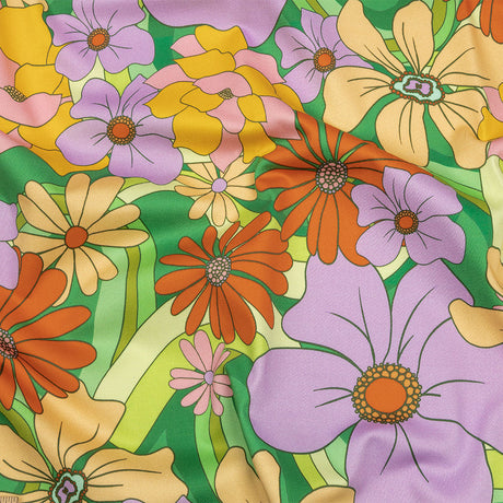 Stretch Cotton Sateen - Green, Purple and Orange Floral - Fanciful Flourish Print - Mood Exclusive Groove Collection