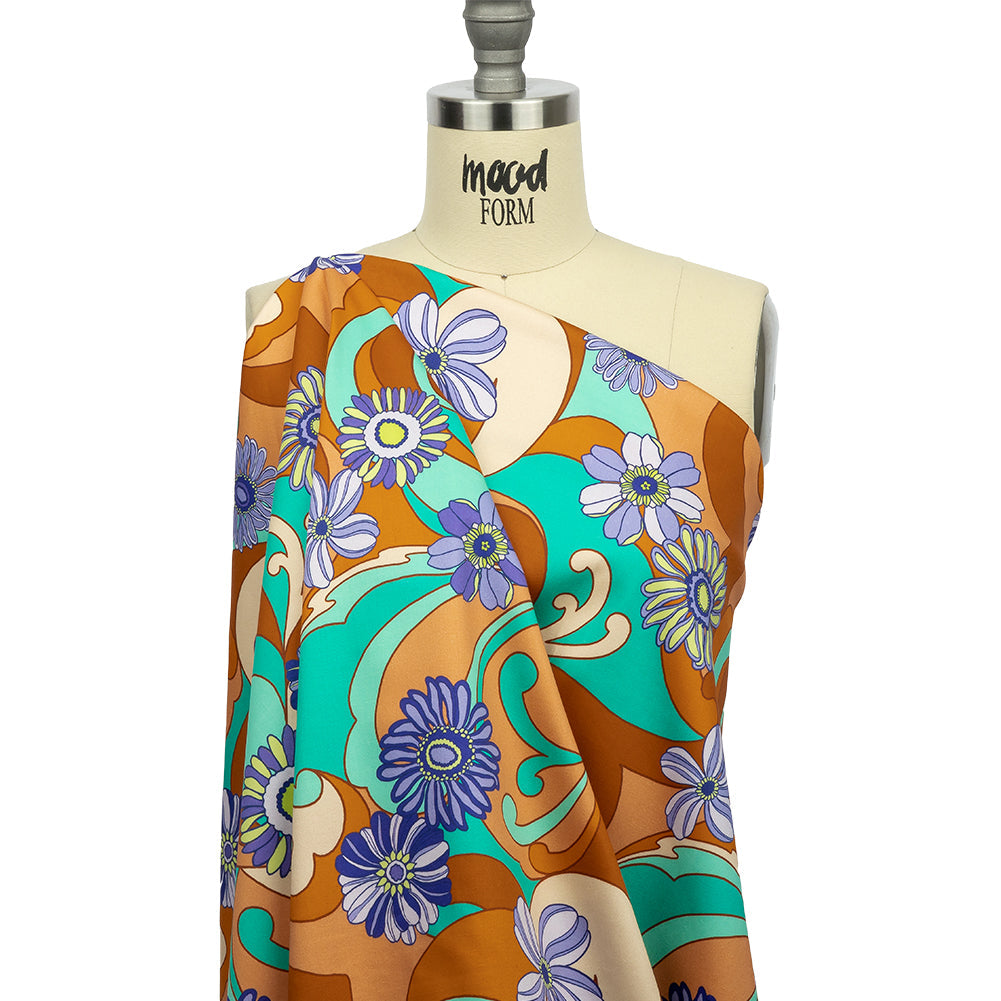 Stretch Cotton Sateen - Burnt Orange Swirls and Florals - Float Away Print - Mood Exclusive Groove Collection