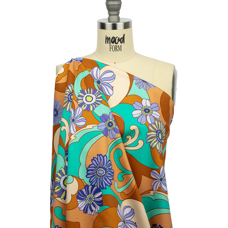 Stretch Cotton Sateen - Burnt Orange Swirls and Florals - Float Away Print - Mood Exclusive Groove Collection