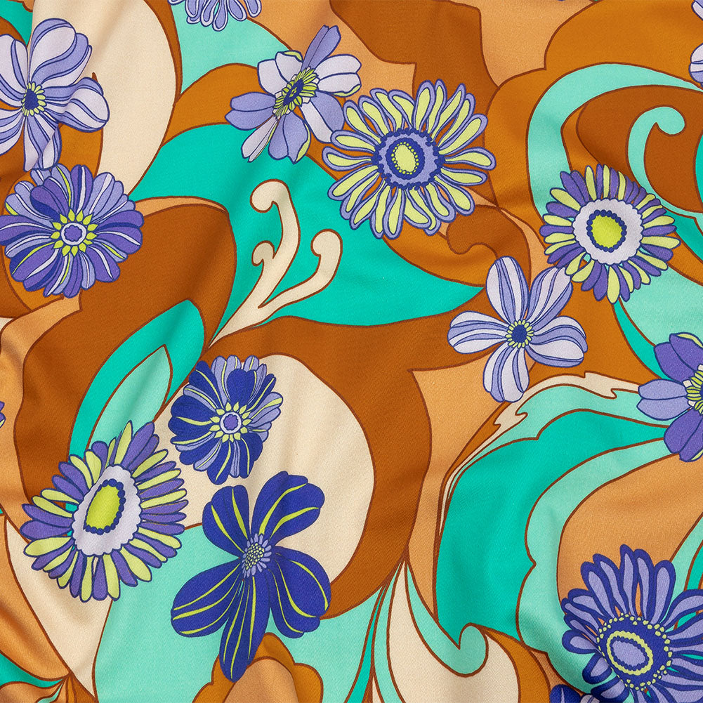 Stretch Cotton Sateen - Burnt Orange Swirls and Florals - Float Away Print - Mood Exclusive Groove Collection