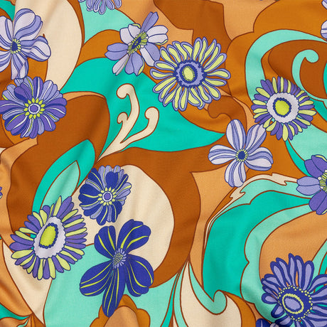 Stretch Cotton Sateen - Burnt Orange Swirls and Florals - Float Away Print - Mood Exclusive Groove Collection
