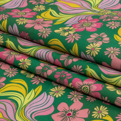 Stretch Cotton Sateen - Green Floral Rows - Flower Shower Print - Mood Exclusive Groove Collection