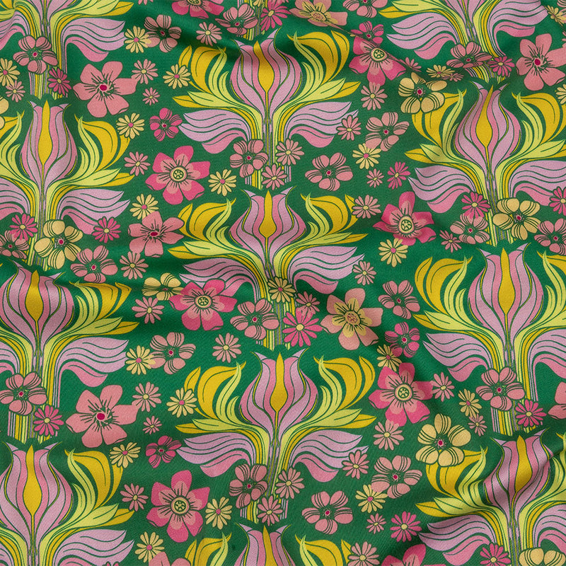 Stretch Cotton Sateen - Green Floral Rows - Flower Shower Print - Mood Exclusive Groove Collection