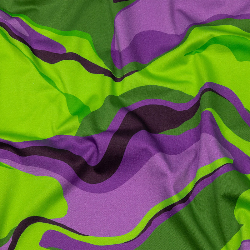 Stretch Cotton Sateen - Purple and Green Abstract - Seen and Unseen Print - Mood Exclusive Groove Collection