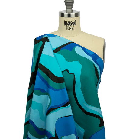 Stretch Cotton Sateen - Blue Abstract - Seen and Unseen Print - Mood Exclusive Groove Collection