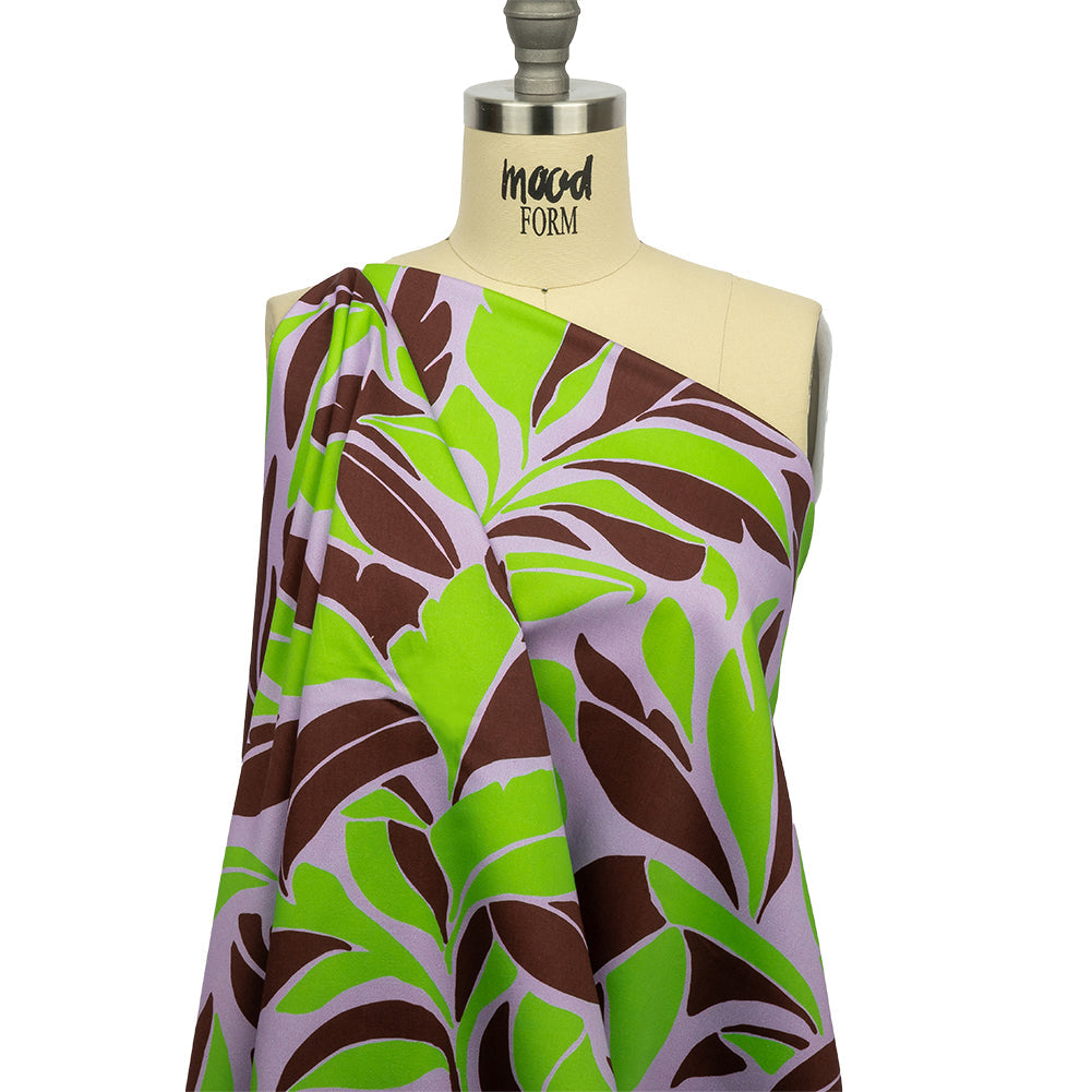 Stretch Cotton Sateen - Lavender and Green Leaves - Flying Swirls Print - Mood Exclusive Groove Collection