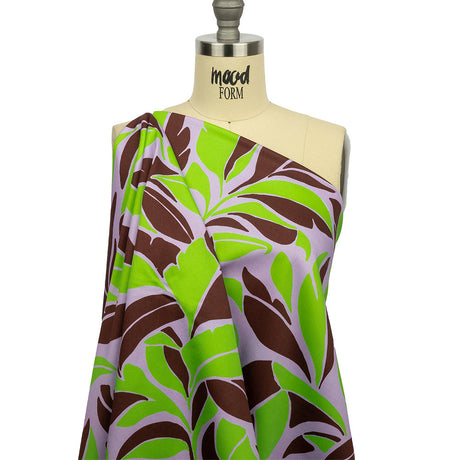 Stretch Cotton Sateen - Lavender and Green Leaves - Flying Swirls Print - Mood Exclusive Groove Collection