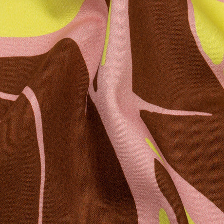 Stretch Cotton Sateen - Pink and Yellow Leaves - Flying Swirls Print - Mood Exclusive Groove Collection