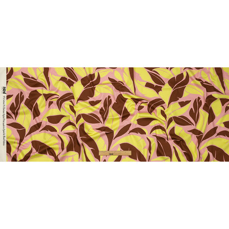 Stretch Cotton Sateen - Pink and Yellow Leaves - Flying Swirls Print - Mood Exclusive Groove Collection