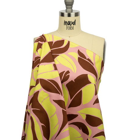 Stretch Cotton Sateen - Pink and Yellow Leaves - Flying Swirls Print - Mood Exclusive Groove Collection