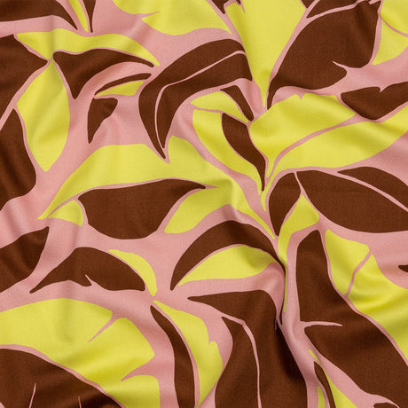Stretch Cotton Sateen - Pink and Yellow Leaves - Flying Swirls Print - Mood Exclusive Groove Collection
