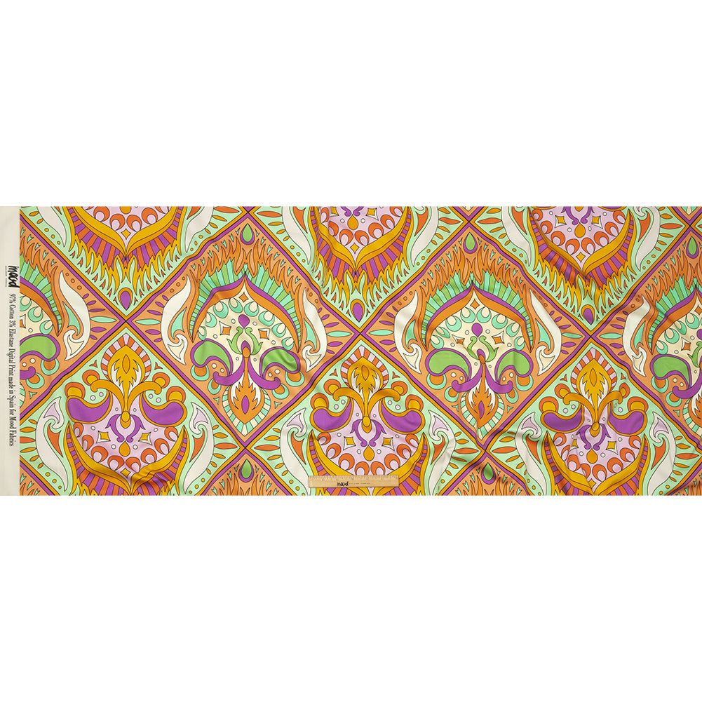 Stretch Cotton Sateen - Orange Paisley Diamonds - Bejeweled Blaze Print - Mood Exclusive Groove Collection