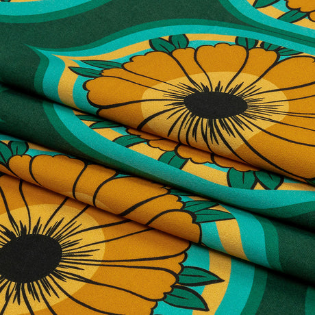 Stretch Cotton Sateen - Yellow and Teal Floral Ogees - Sunrise Divine Print - Mood Exclusive Groove Collection