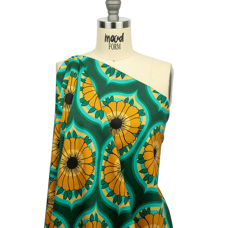 Stretch Cotton Sateen - Yellow and Teal Floral Ogees - Sunrise Divine Print - Mood Exclusive Groove Collection