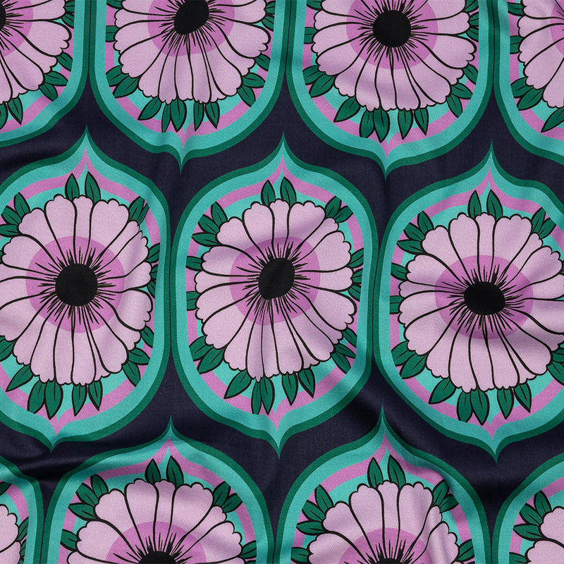 Stretch Cotton Sateen - Lavender and Teal Floral Ogees - Sunrise Divine Print - Mood Exclusive Groove Collection
