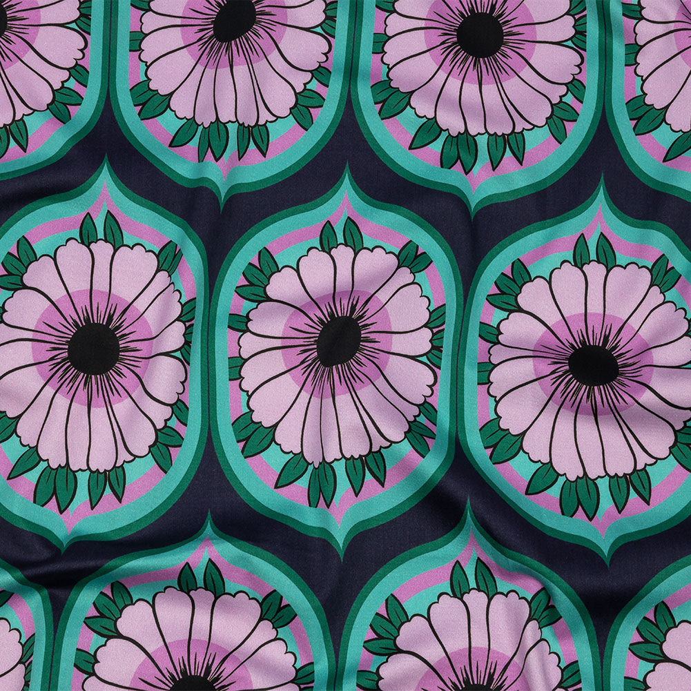 Stretch Cotton Sateen - Lavender and Teal Floral Ogees - Sunrise Divine Print - Mood Exclusive Groove Collection