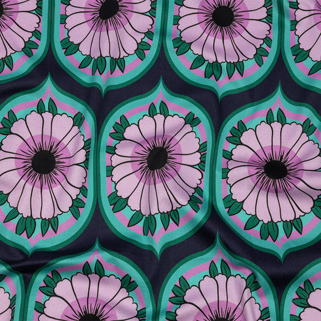 Stretch Cotton Sateen - Lavender and Teal Floral Ogees - Sunrise Divine Print - Mood Exclusive Groove Collection