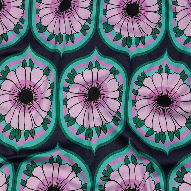 Stretch Cotton Sateen - Lavender and Teal Floral Ogees - Sunrise Divine Print - Mood Exclusive Groove Collection