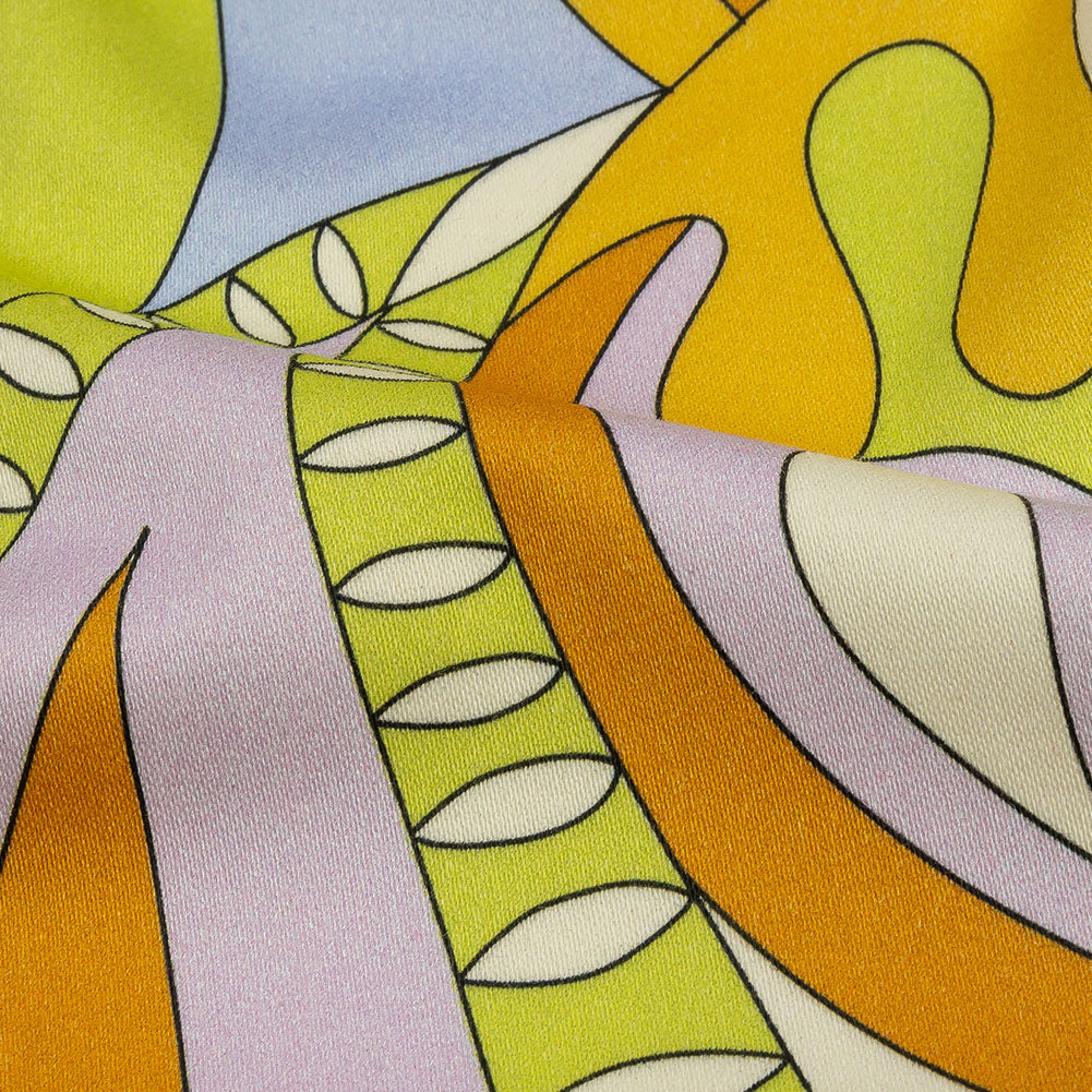 Stretch Cotton Sateen - Lime, Blue and Brown Paisley and Abstract - Surf City Psychedelia Print - Mood Exclusive Groove Collection