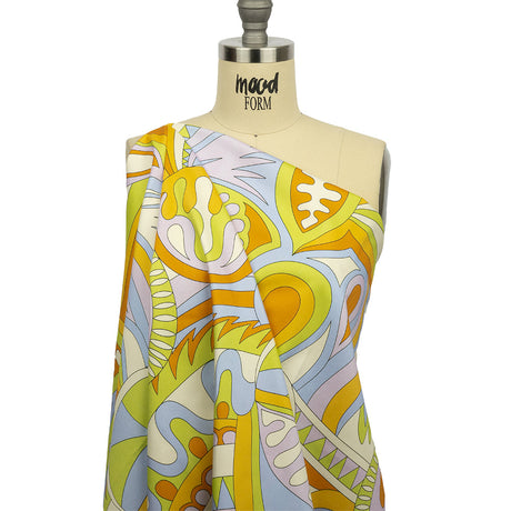 Stretch Cotton Sateen - Lime, Blue and Brown Paisley and Abstract - Surf City Psychedelia Print - Mood Exclusive Groove Collection
