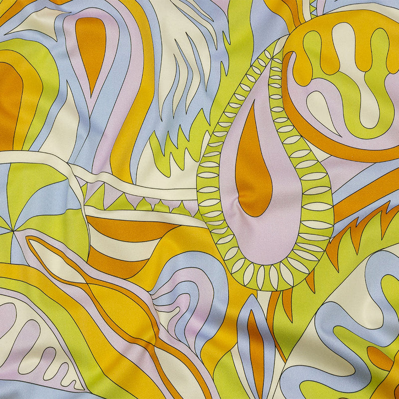 Stretch Cotton Sateen - Lime, Blue and Brown Paisley and Abstract - Surf City Psychedelia Print - Mood Exclusive Groove Collection