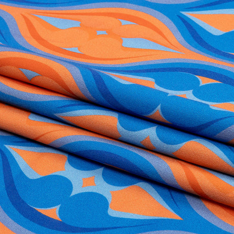 Stretch Cotton Sateen - Blue and Orange Ogees - Eye of the Storm Print - Mood Exclusive Groove Collection
