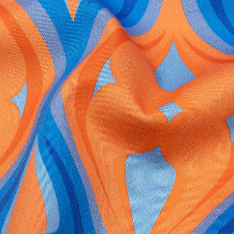 Stretch Cotton Sateen - Blue and Orange Ogees - Eye of the Storm Print - Mood Exclusive Groove Collection