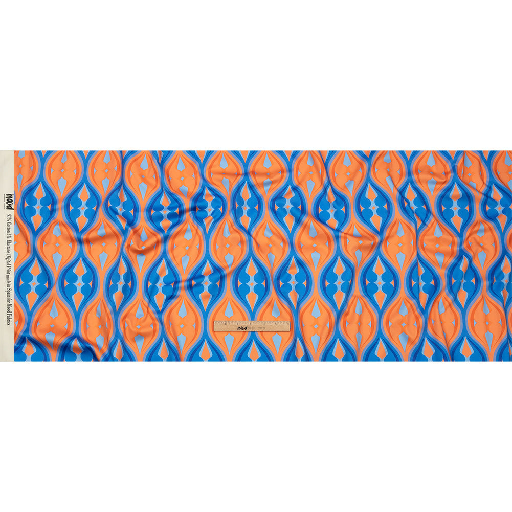 Stretch Cotton Sateen - Blue and Orange Ogees - Eye of the Storm Print - Mood Exclusive Groove Collection