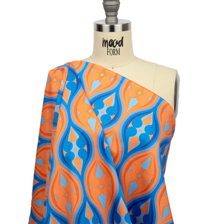 Stretch Cotton Sateen - Blue and Orange Ogees - Eye of the Storm Print - Mood Exclusive Groove Collection