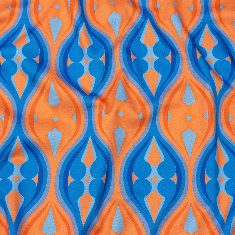 Stretch Cotton Sateen - Blue and Orange Ogees - Eye of the Storm Print - Mood Exclusive Groove Collection