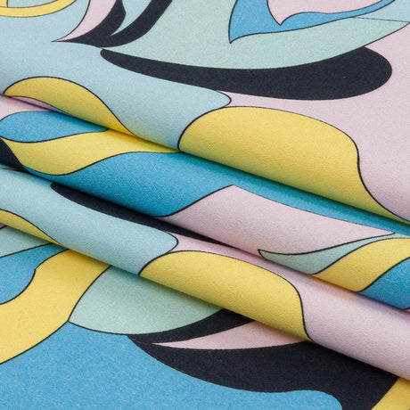 Stretch Cotton Sateen - Blue, Pink and Yellow Abstract - Magical Mystery Print - Mood Exclusive Groove Collection