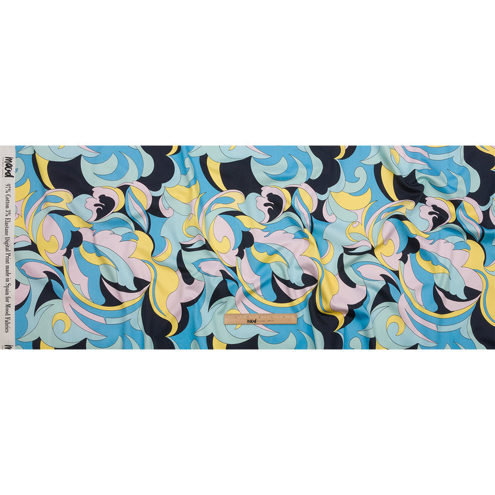 Stretch Cotton Sateen - Blue, Pink and Yellow Abstract - Magical Mystery Print - Mood Exclusive Groove Collection