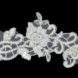 White Floral Beaded Bridal Lace Trim with Metallic Silver Cording - 2.5"