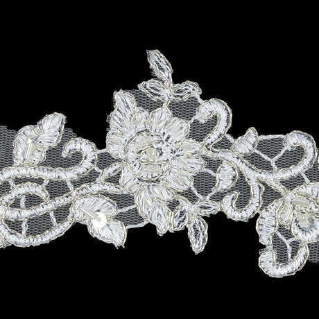 White Floral Beaded Bridal Lace Trim with Metallic Silver Cording - 2.5"