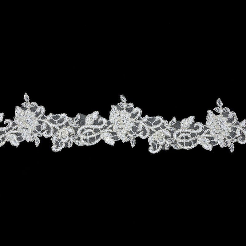 White Floral Beaded Bridal Lace Trim with Metallic Silver Cording - 2.5"