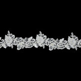 White Floral Beaded Bridal Lace Trim with Metallic Silver Cording - 2.5"