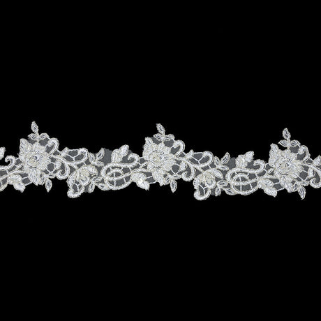 White Floral Beaded Bridal Lace Trim with Metallic Silver Cording - 2.5"