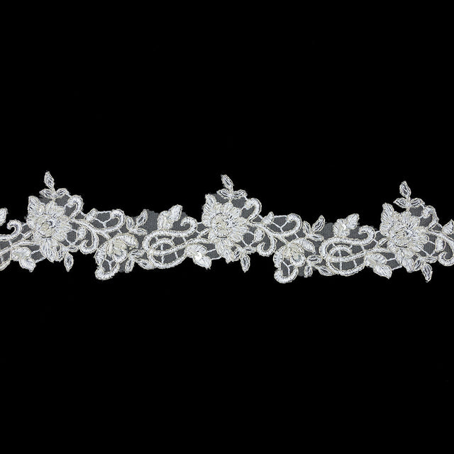 White Floral Beaded Bridal Lace Trim with Metallic Silver Cording - 2.5"
