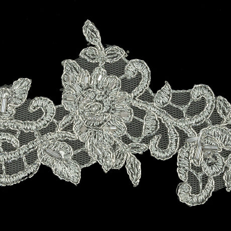 Silver Floral Beaded Bridal Lace Trim with Silver Cording - 2.5"