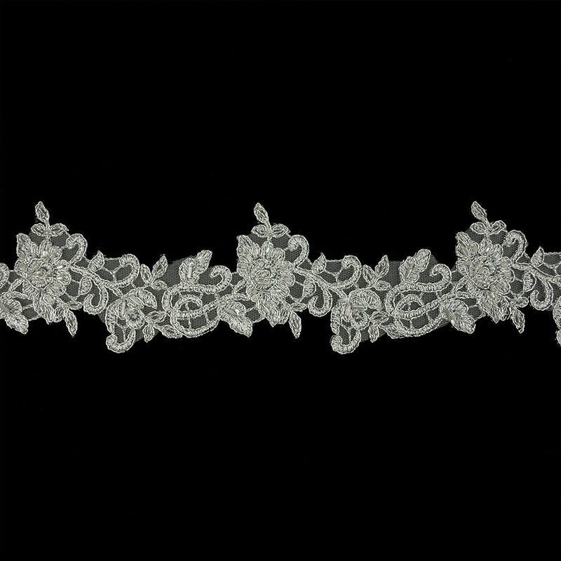 Silver Floral Beaded Bridal Lace Trim with Silver Cording - 2.5"