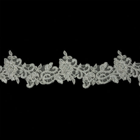 Silver Floral Beaded Bridal Lace Trim with Silver Cording - 2.5"