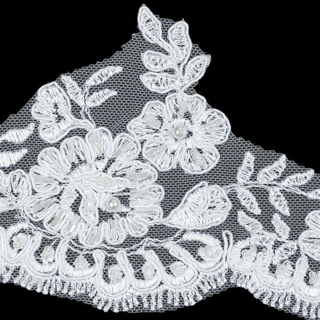 White Scalloped Floral Beaded and Corded Bridal Lace Trim - 3.5"